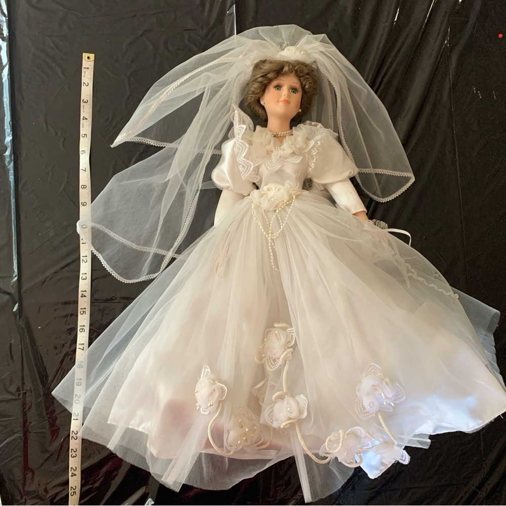 Porcelain Bride Doll in White Wedding Dress with Veil